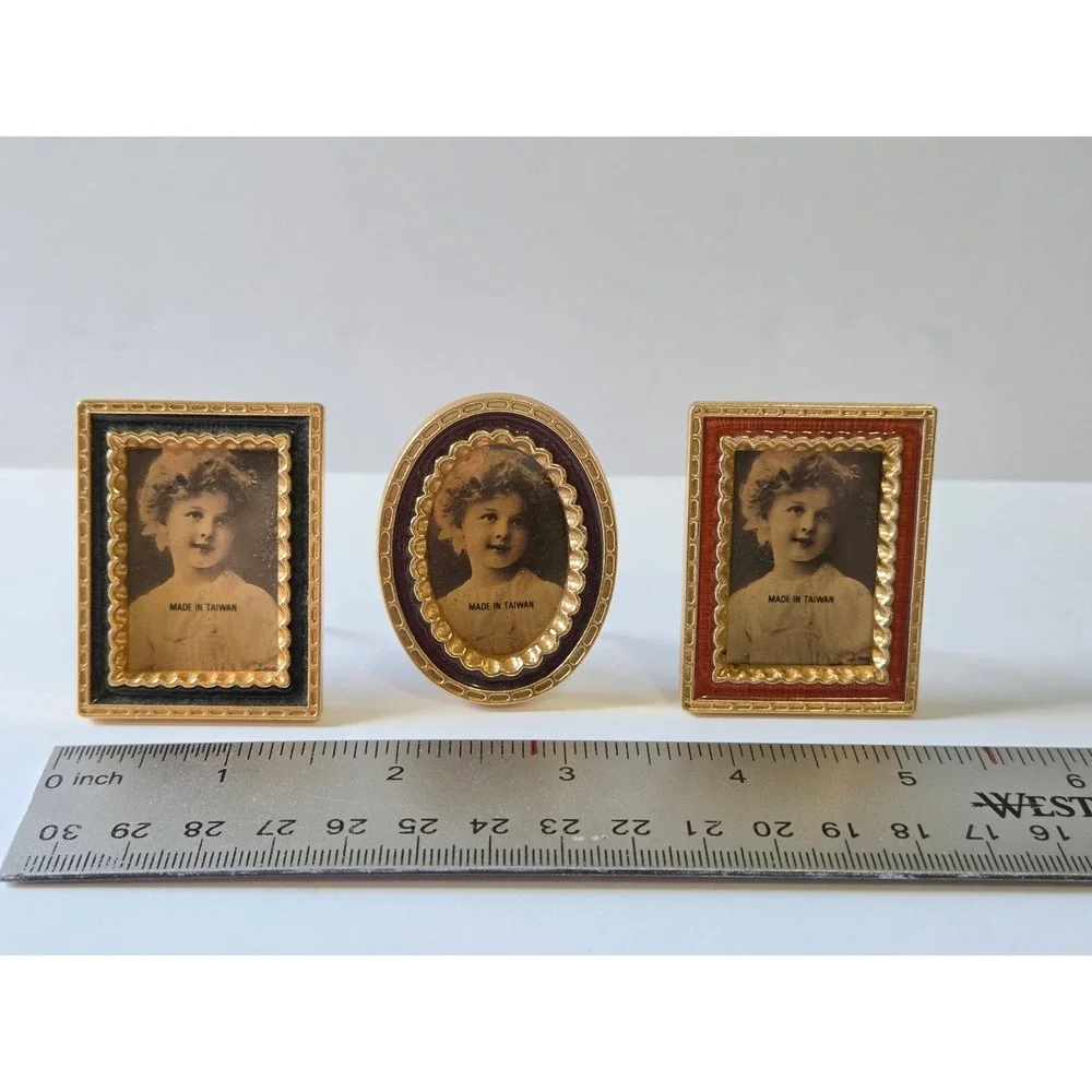 Vintage Miniature Gold Tone Enamel Picture Frame Set of 3 Victorian Style Tiny